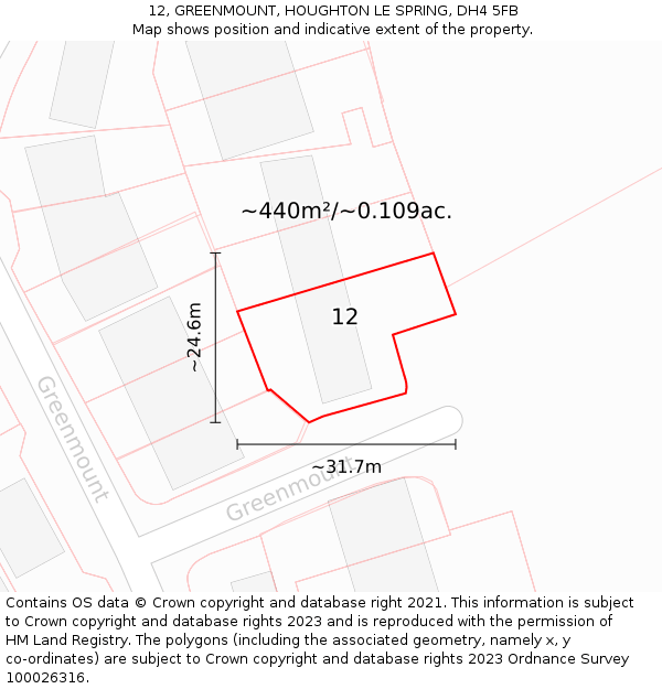 12, GREENMOUNT, HOUGHTON LE SPRING, DH4 5FB: Plot and title map