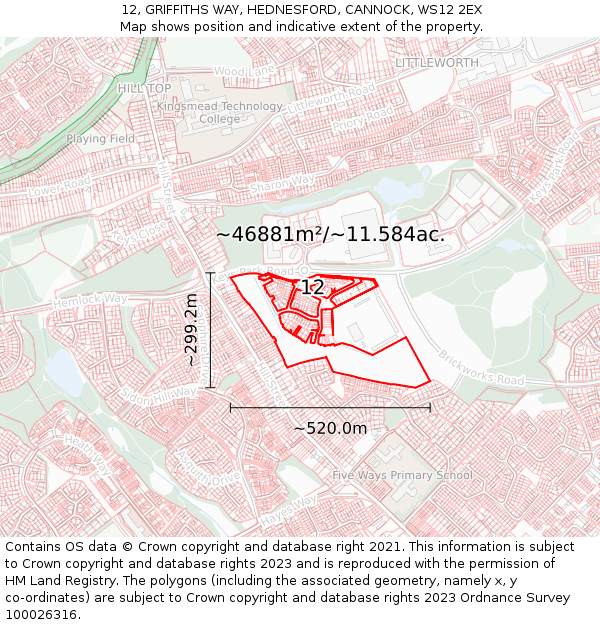 12, GRIFFITHS WAY, HEDNESFORD, CANNOCK, WS12 2EX: Plot and title map