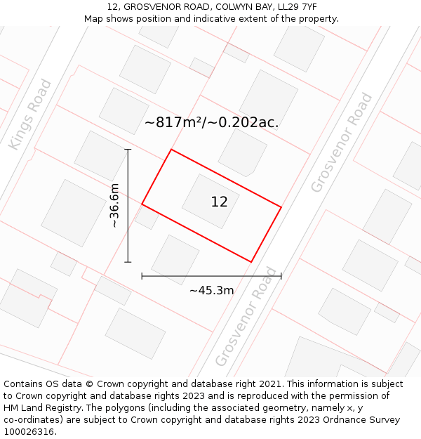 12, GROSVENOR ROAD, COLWYN BAY, LL29 7YF: Plot and title map