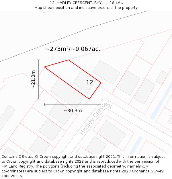 12, HADLEY CRESCENT, RHYL, LL18 4AU: Plot and title map