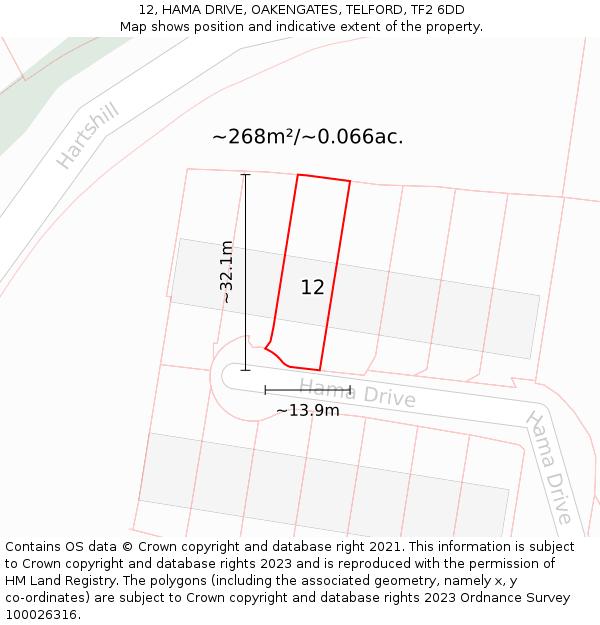 12, HAMA DRIVE, OAKENGATES, TELFORD, TF2 6DD: Plot and title map