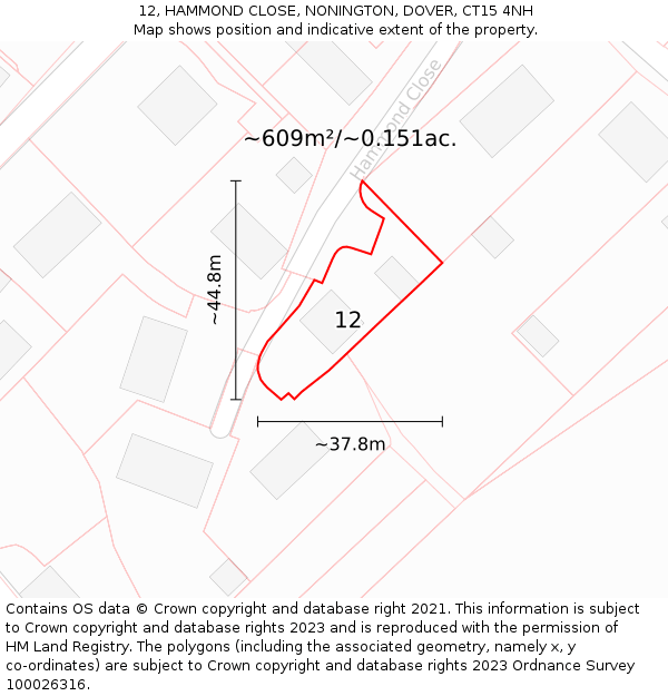 12, HAMMOND CLOSE, NONINGTON, DOVER, CT15 4NH: Plot and title map