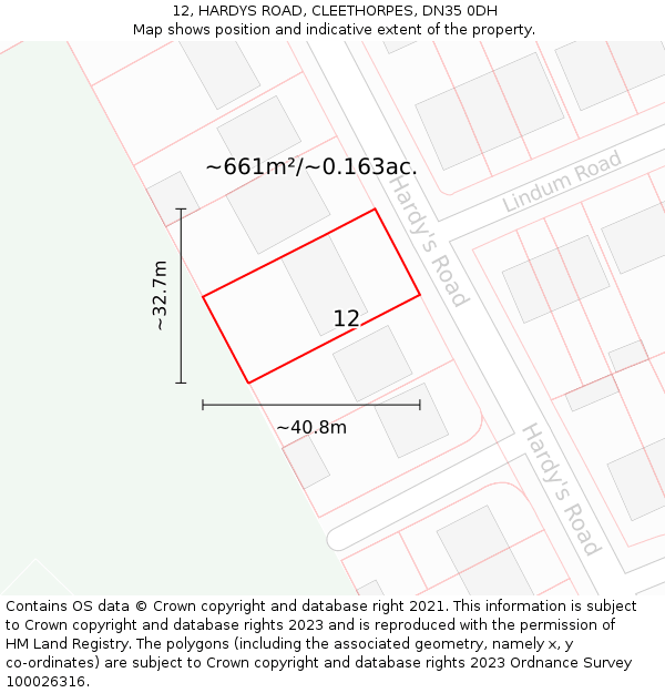 12, HARDYS ROAD, CLEETHORPES, DN35 0DH: Plot and title map