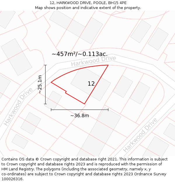 12, HARKWOOD DRIVE, POOLE, BH15 4PE: Plot and title map