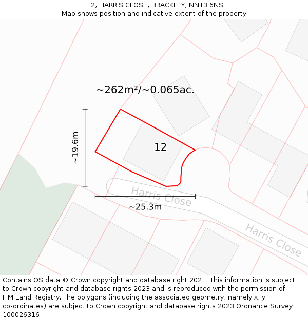 12, HARRIS CLOSE, BRACKLEY, NN13 6NS: Plot and title map