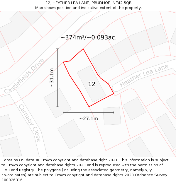 12, HEATHER LEA LANE, PRUDHOE, NE42 5QR: Plot and title map