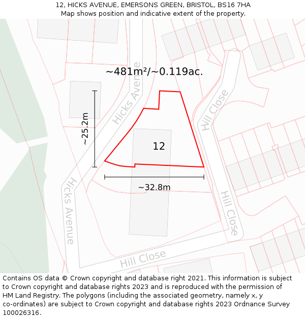 12, HICKS AVENUE, EMERSONS GREEN, BRISTOL, BS16 7HA: Plot and title map