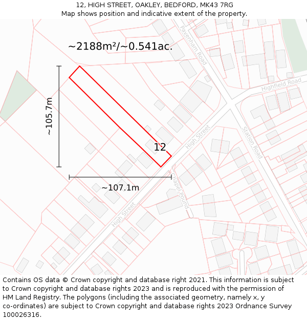 12, HIGH STREET, OAKLEY, BEDFORD, MK43 7RG: Plot and title map