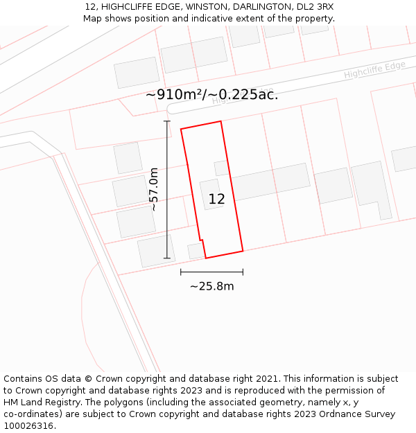 12, HIGHCLIFFE EDGE, WINSTON, DARLINGTON, DL2 3RX: Plot and title map