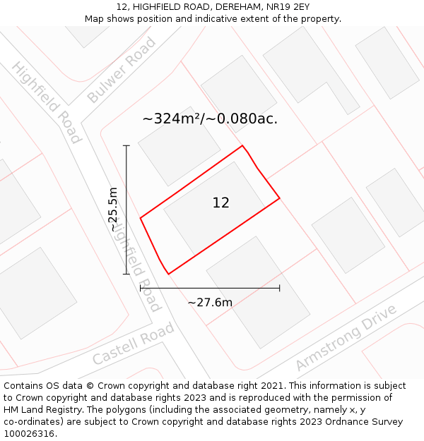 12, HIGHFIELD ROAD, DEREHAM, NR19 2EY: Plot and title map