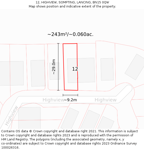 12, HIGHVIEW, SOMPTING, LANCING, BN15 0QW: Plot and title map