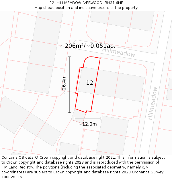 12, HILLMEADOW, VERWOOD, BH31 6HE: Plot and title map
