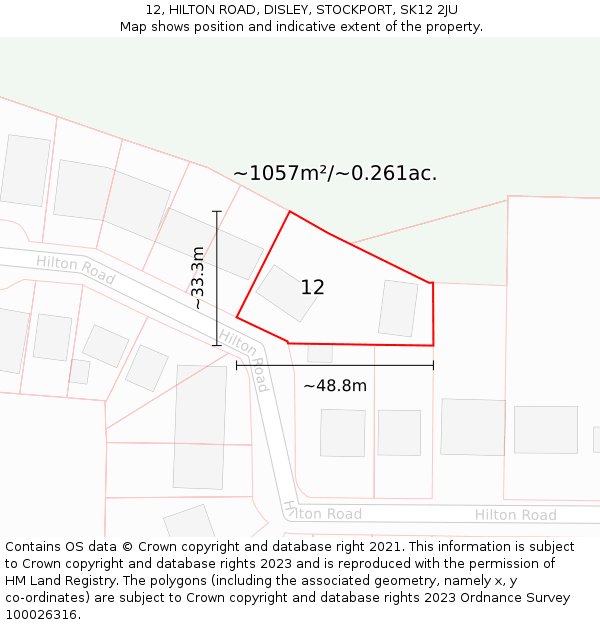 12, HILTON ROAD, DISLEY, STOCKPORT, SK12 2JU: Plot and title map