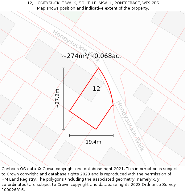 12, HONEYSUCKLE WALK, SOUTH ELMSALL, PONTEFRACT, WF9 2FS: Plot and title map