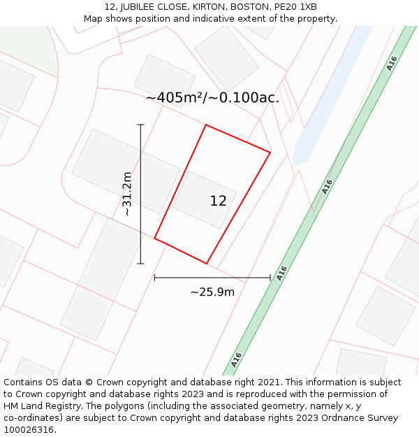 12, JUBILEE CLOSE, KIRTON, BOSTON, PE20 1XB: Plot and title map