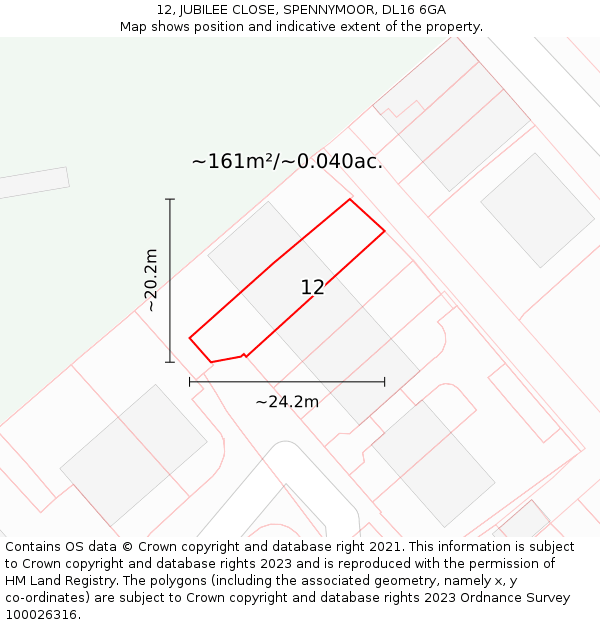 12, JUBILEE CLOSE, SPENNYMOOR, DL16 6GA: Plot and title map