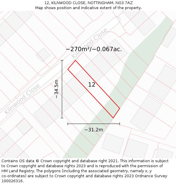 12, KILNWOOD CLOSE, NOTTINGHAM, NG3 7AZ: Plot and title map