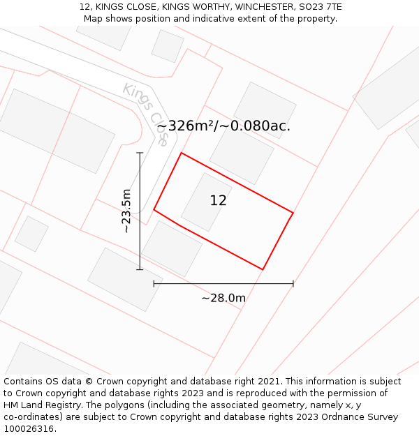 12, KINGS CLOSE, KINGS WORTHY, WINCHESTER, SO23 7TE: Plot and title map