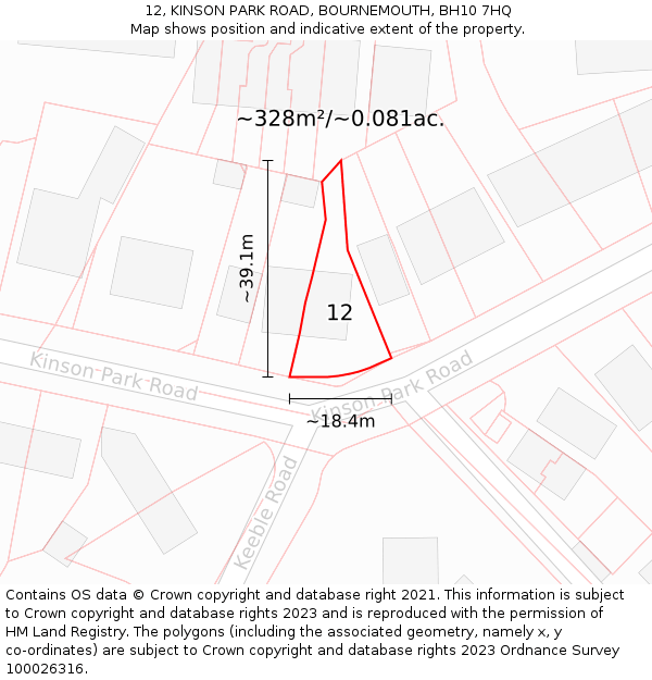 12, KINSON PARK ROAD, BOURNEMOUTH, BH10 7HQ: Plot and title map