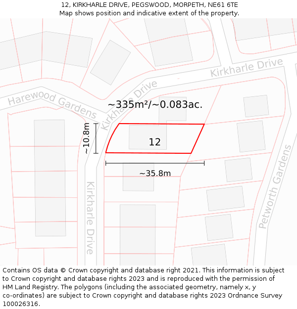 12, KIRKHARLE DRIVE, PEGSWOOD, MORPETH, NE61 6TE: Plot and title map