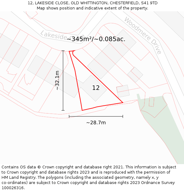 12, LAKESIDE CLOSE, OLD WHITTINGTON, CHESTERFIELD, S41 9TD: Plot and title map