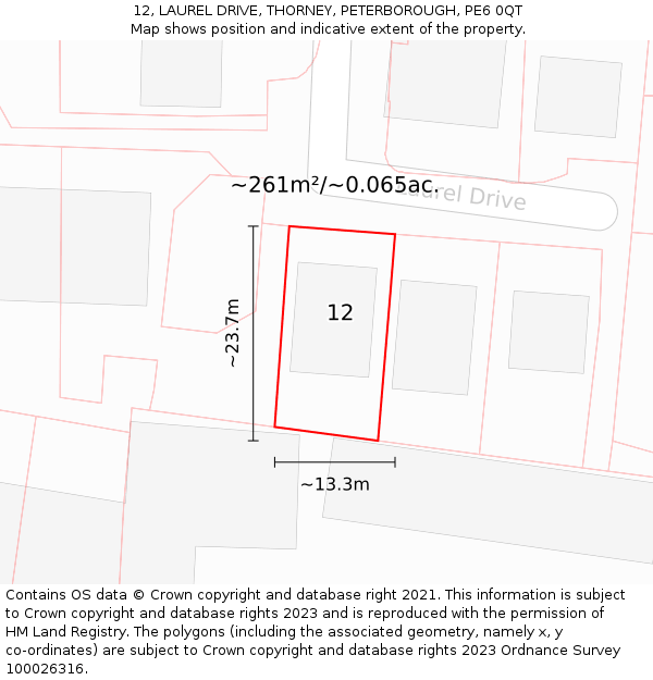 12, LAUREL DRIVE, THORNEY, PETERBOROUGH, PE6 0QT: Plot and title map