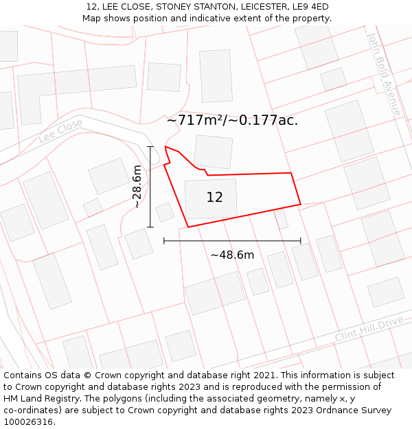12, LEE CLOSE, STONEY STANTON, LEICESTER, LE9 4ED: Plot and title map