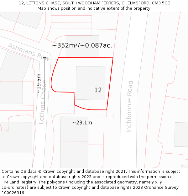 12, LETTONS CHASE, SOUTH WOODHAM FERRERS, CHELMSFORD, CM3 5GB: Plot and title map