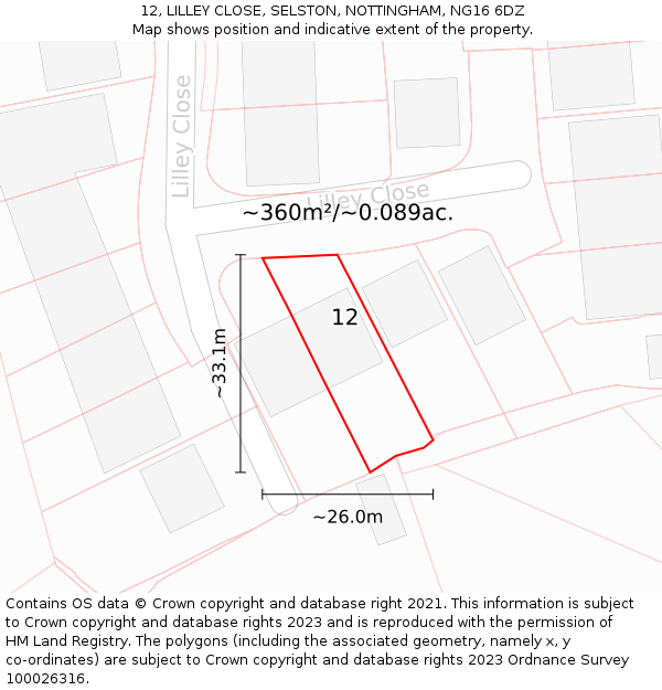 12, LILLEY CLOSE, SELSTON, NOTTINGHAM, NG16 6DZ: Plot and title map