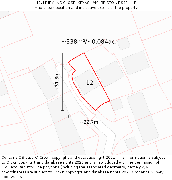 12, LIMEKILNS CLOSE, KEYNSHAM, BRISTOL, BS31 1HR: Plot and title map