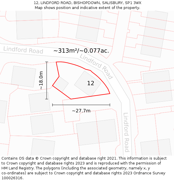 12, LINDFORD ROAD, BISHOPDOWN, SALISBURY, SP1 3WX: Plot and title map