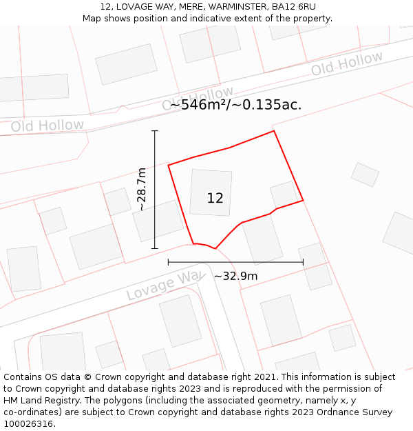 12, LOVAGE WAY, MERE, WARMINSTER, BA12 6RU: Plot and title map