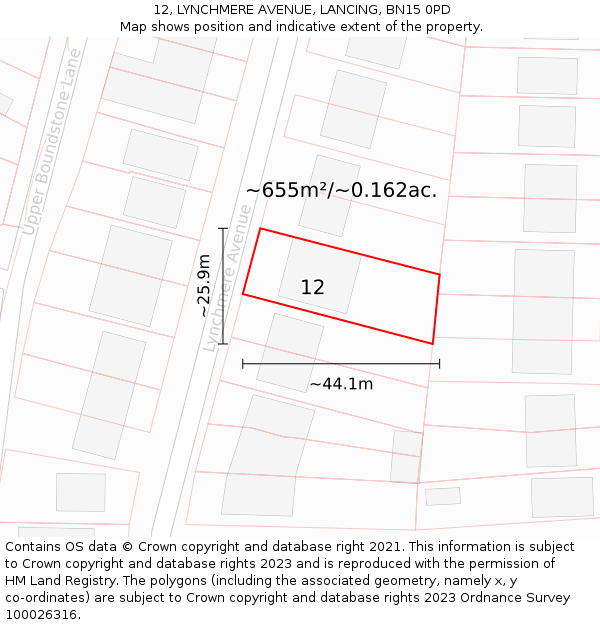 12, LYNCHMERE AVENUE, LANCING, BN15 0PD: Plot and title map