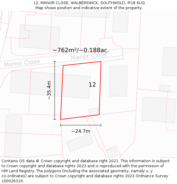 12, MANOR CLOSE, WALBERSWICK, SOUTHWOLD, IP18 6UQ: Plot and title map