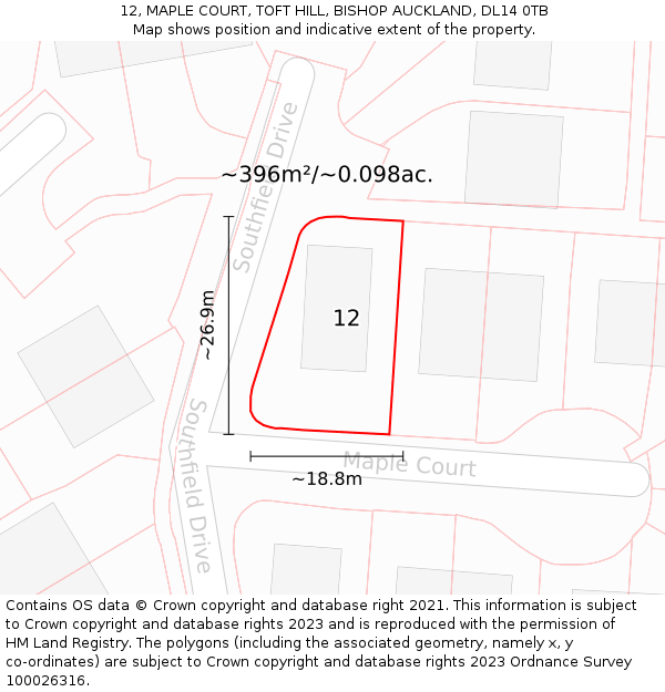 12, MAPLE COURT, TOFT HILL, BISHOP AUCKLAND, DL14 0TB: Plot and title map