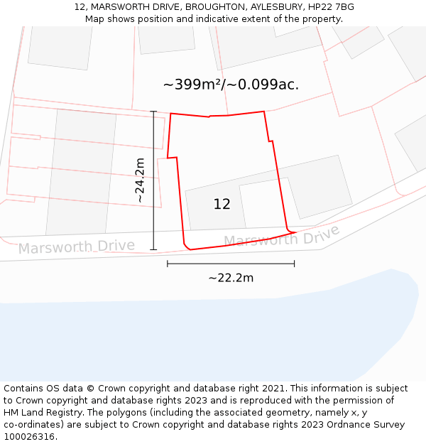 12, MARSWORTH DRIVE, BROUGHTON, AYLESBURY, HP22 7BG: Plot and title map