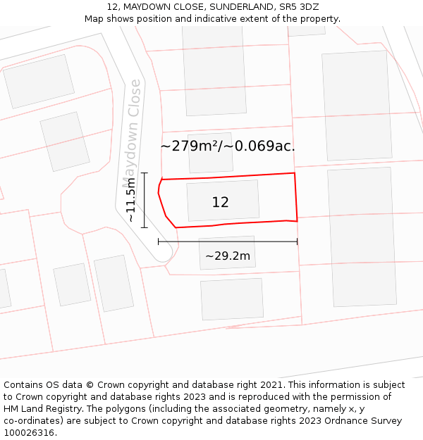 12, MAYDOWN CLOSE, SUNDERLAND, SR5 3DZ: Plot and title map