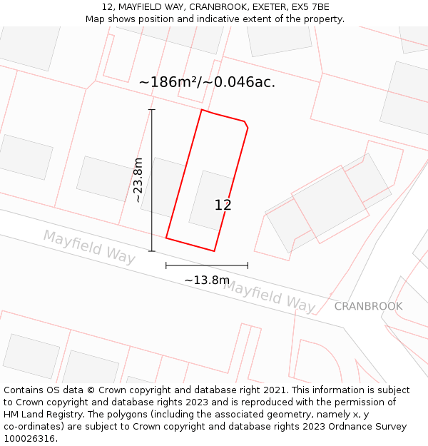 12, MAYFIELD WAY, CRANBROOK, EXETER, EX5 7BE: Plot and title map