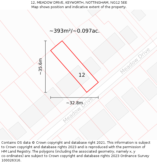 12, MEADOW DRIVE, KEYWORTH, NOTTINGHAM, NG12 5EE: Plot and title map