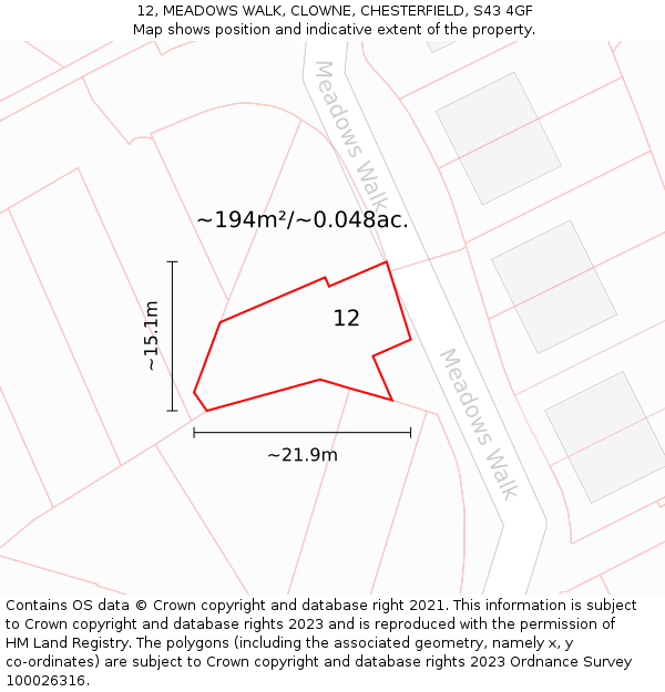 12, MEADOWS WALK, CLOWNE, CHESTERFIELD, S43 4GF: Plot and title map