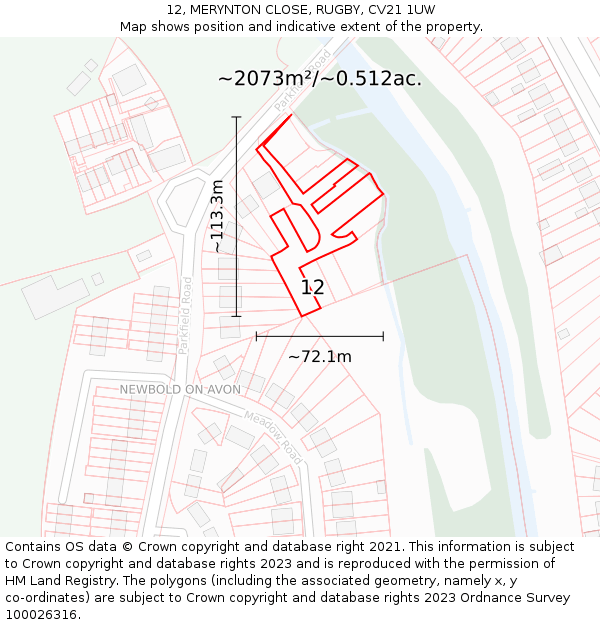 12, MERYNTON CLOSE, RUGBY, CV21 1UW: Plot and title map