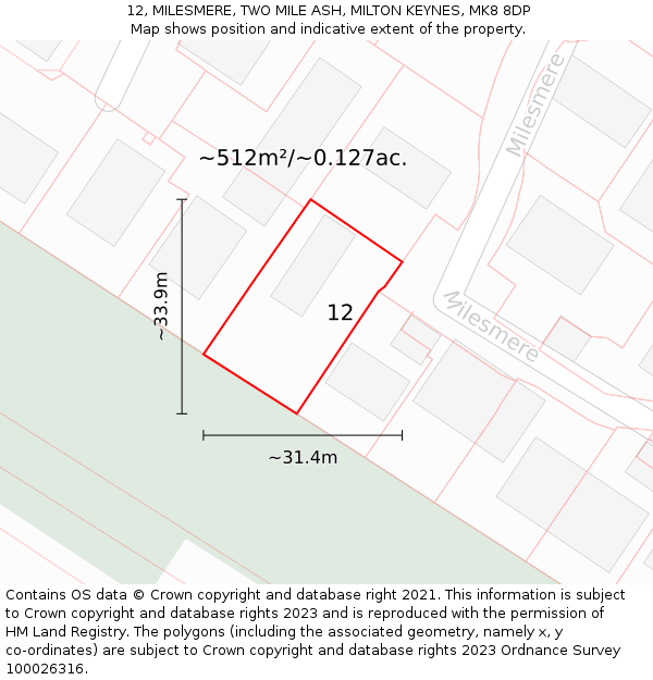 12, MILESMERE, TWO MILE ASH, MILTON KEYNES, MK8 8DP: Plot and title map