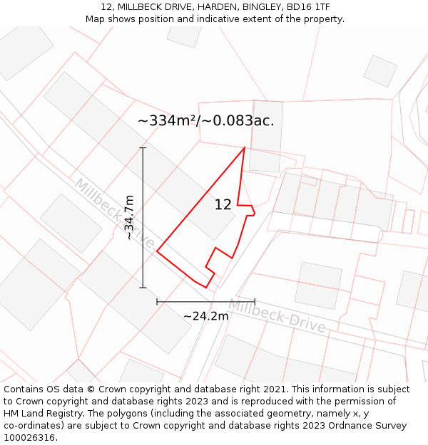 12, MILLBECK DRIVE, HARDEN, BINGLEY, BD16 1TF: Plot and title map