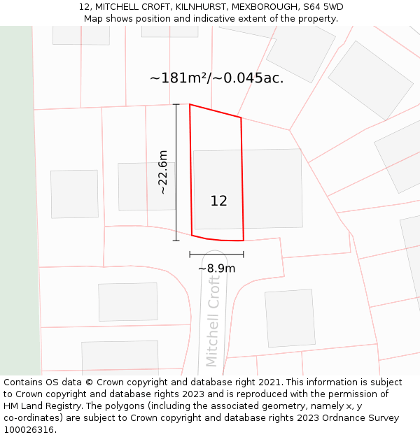 12, MITCHELL CROFT, KILNHURST, MEXBOROUGH, S64 5WD: Plot and title map