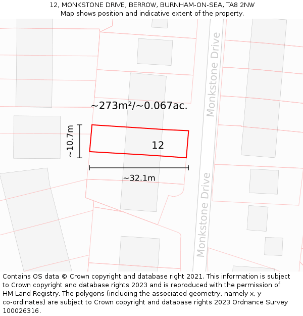 12, MONKSTONE DRIVE, BERROW, BURNHAM-ON-SEA, TA8 2NW: Plot and title map