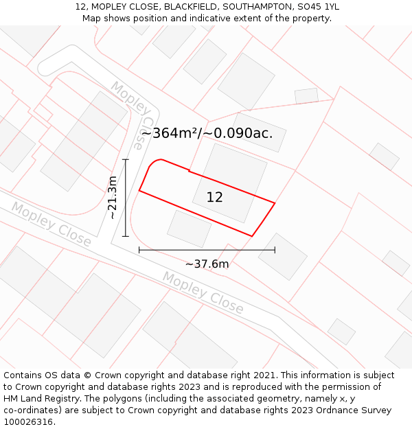 12, MOPLEY CLOSE, BLACKFIELD, SOUTHAMPTON, SO45 1YL: Plot and title map