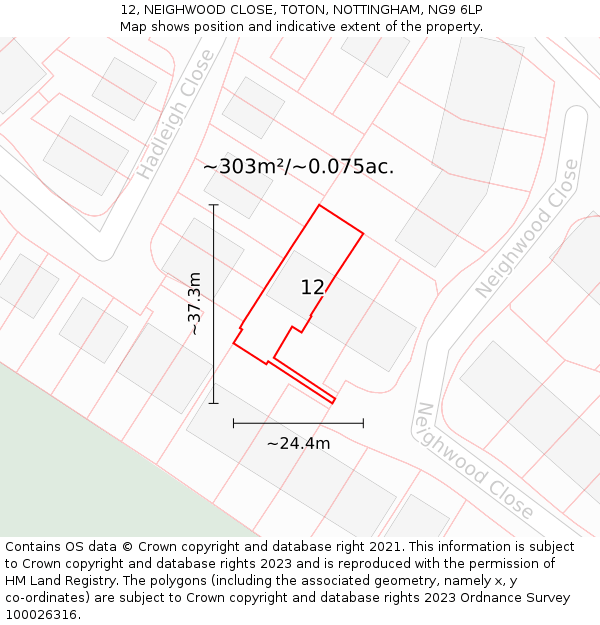 12, NEIGHWOOD CLOSE, TOTON, NOTTINGHAM, NG9 6LP: Plot and title map