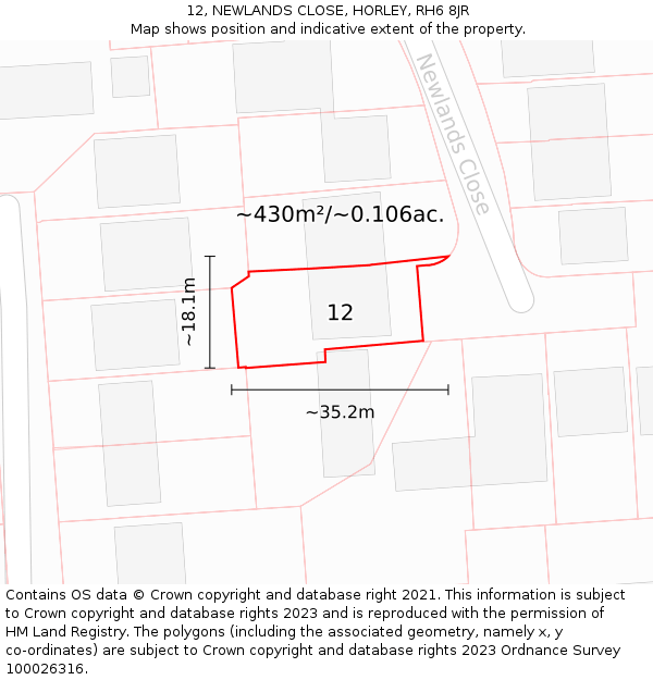 12, NEWLANDS CLOSE, HORLEY, RH6 8JR: Plot and title map