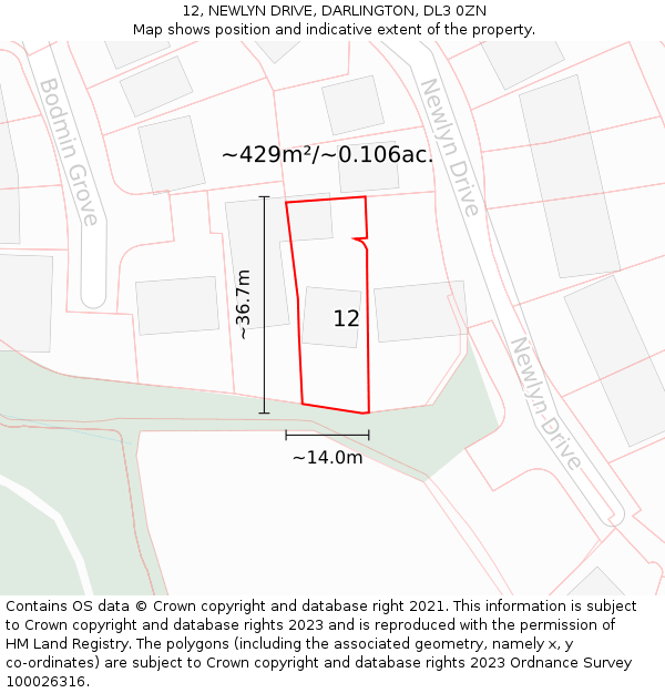 12, NEWLYN DRIVE, DARLINGTON, DL3 0ZN: Plot and title map