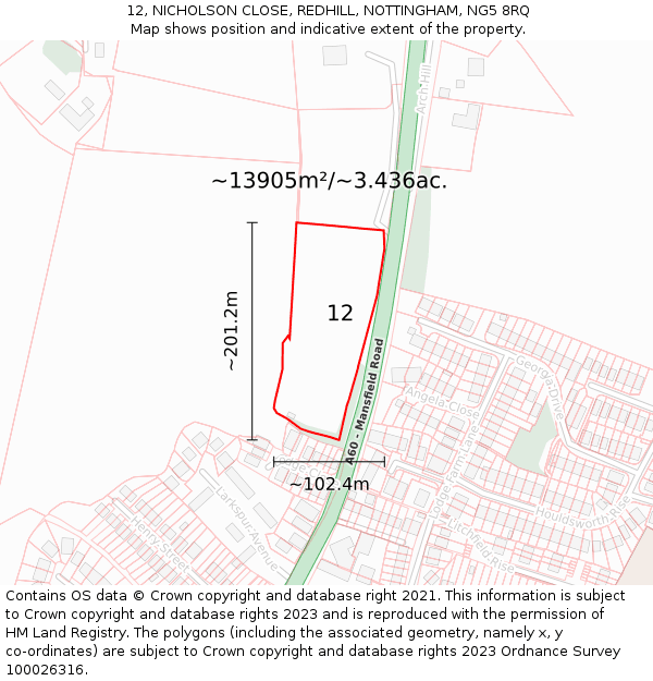 12, NICHOLSON CLOSE, REDHILL, NOTTINGHAM, NG5 8RQ: Plot and title map